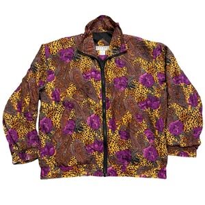 Vintage Bogari Studio Womens Jacket Leopard Floral Print Silk Blend Zip Up